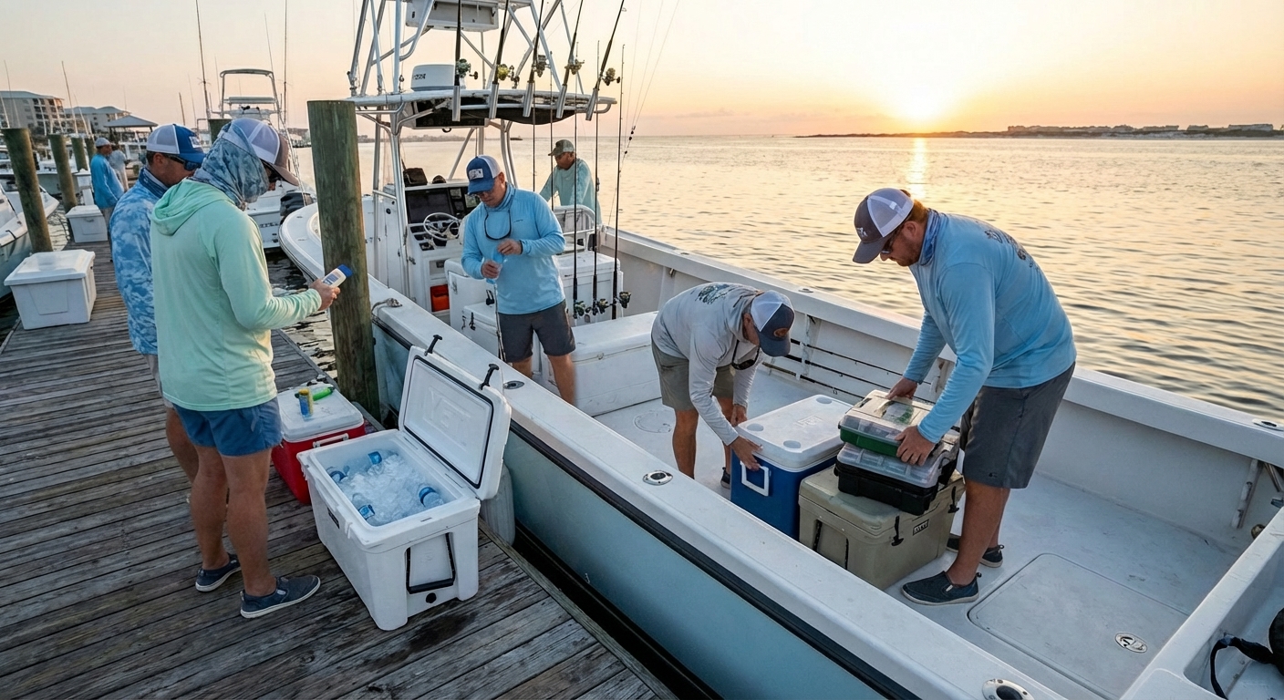 Angler preparing gear for a full-day fishing charter in Gulf Shores