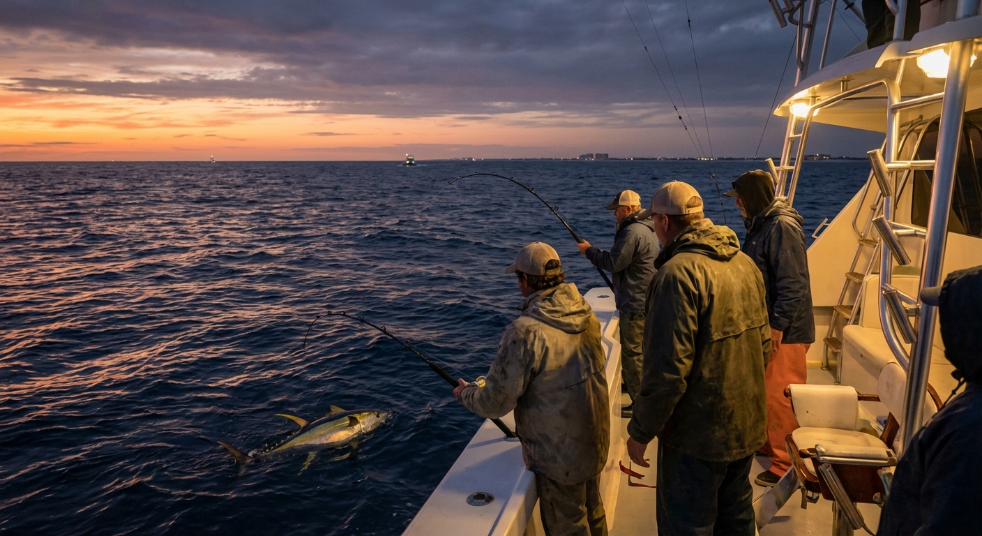 Overnight tuna fishing adventure in Gulf Shores with anglers and crew on a charter boat